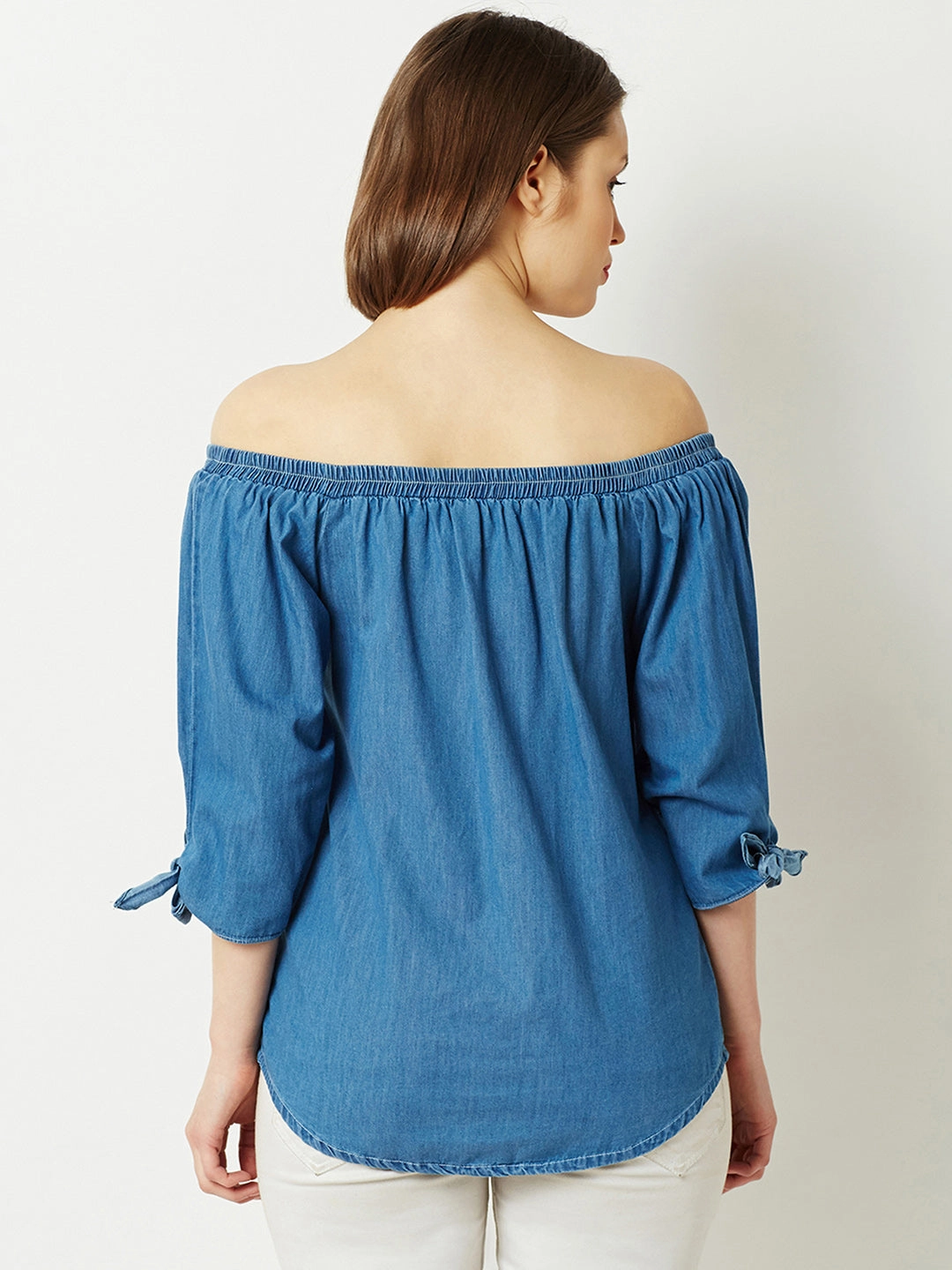 Women's Blue Off-shoulder 3/4 Sleeve Cotton Solid Denim Bardot Top Durable Reinforced Elbows