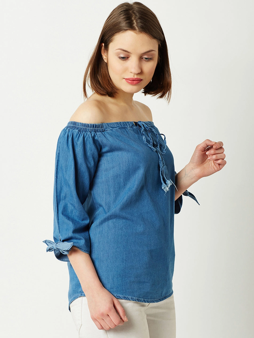 Women's Blue Off-shoulder 3/4 Sleeve Cotton Solid Denim Bardot Top FourWay Stretch