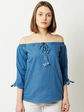 Women's Blue Off-shoulder 3/4 Sleeve Cotton Solid Denim Bardot Top Soft Touch Texture Classic Polo