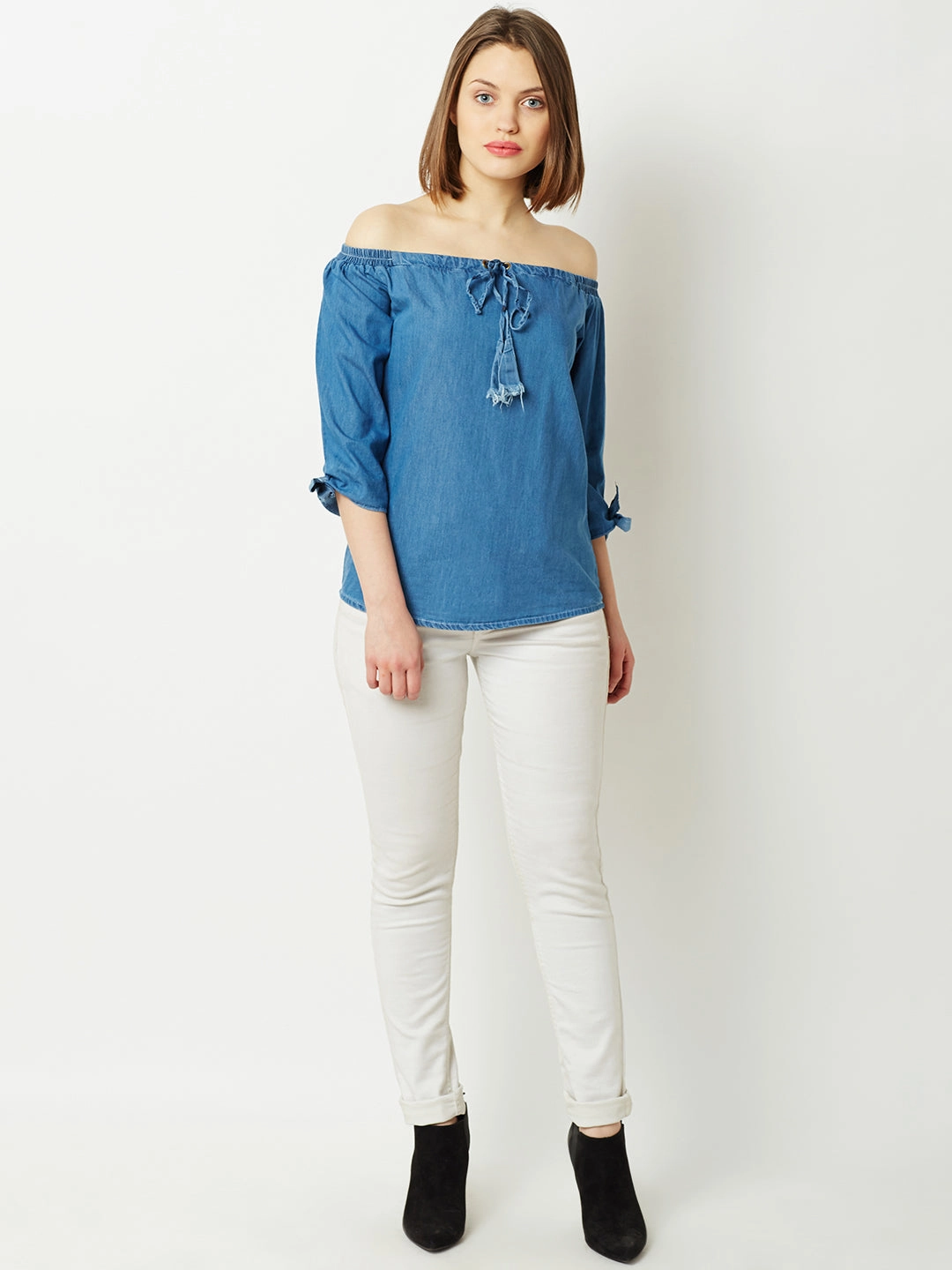 Women's Blue Off-shoulder 3/4 Sleeve Cotton Solid Denim Bardot Top NonIrritatingEdges