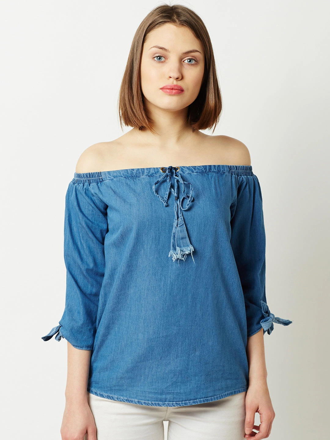 Women's Blue Off-shoulder 3/4 Sleeve Cotton Solid Denim Bardot Top Soft Touch Texture Classic Polo