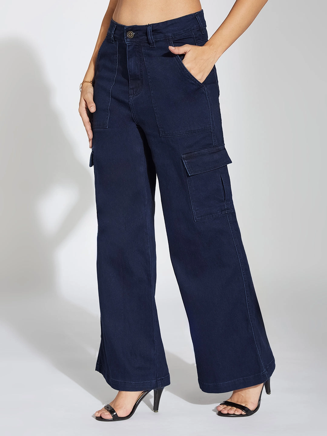 Women's Navy Blue Wide-Leg High-Rise Clean-Look Stretchable Denim Cargo Jeans Regular Style Flattering Fit