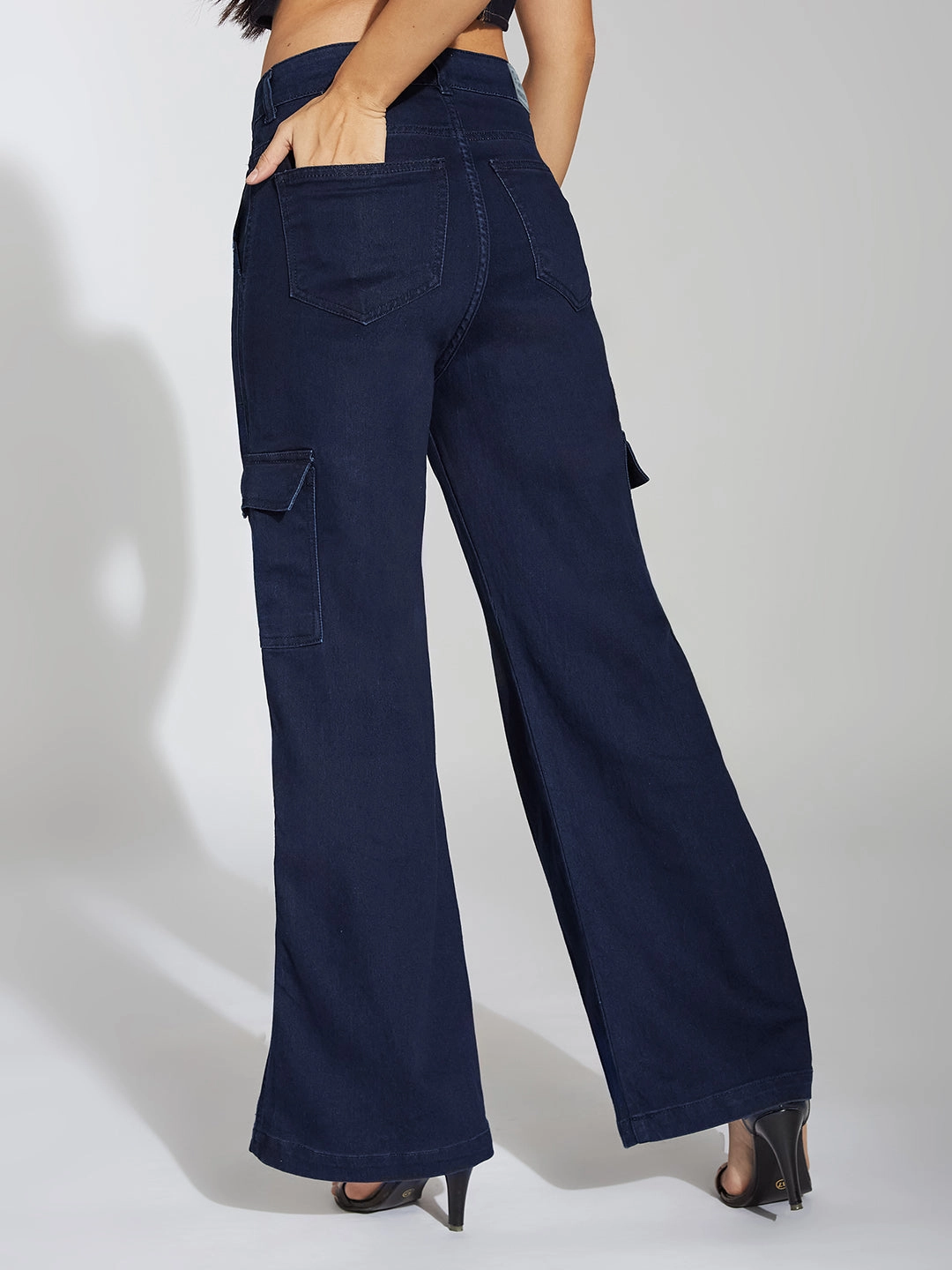 Core Style Women's Navy Blue Wide-Leg High-Rise Clean-Look Stretchable Denim Cargo Jeans