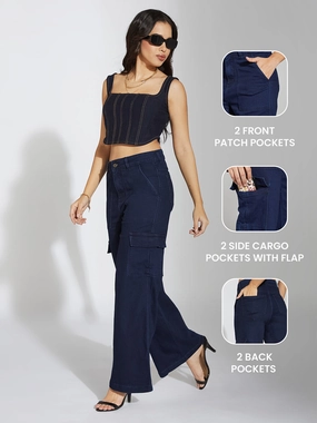 Women's Navy Blue Wide-Leg High-Rise Clean-Look Stretchable Denim Cargo Jeans Elegant Minimalist Outdoor Adventure Home Comfort Weekend Warrior