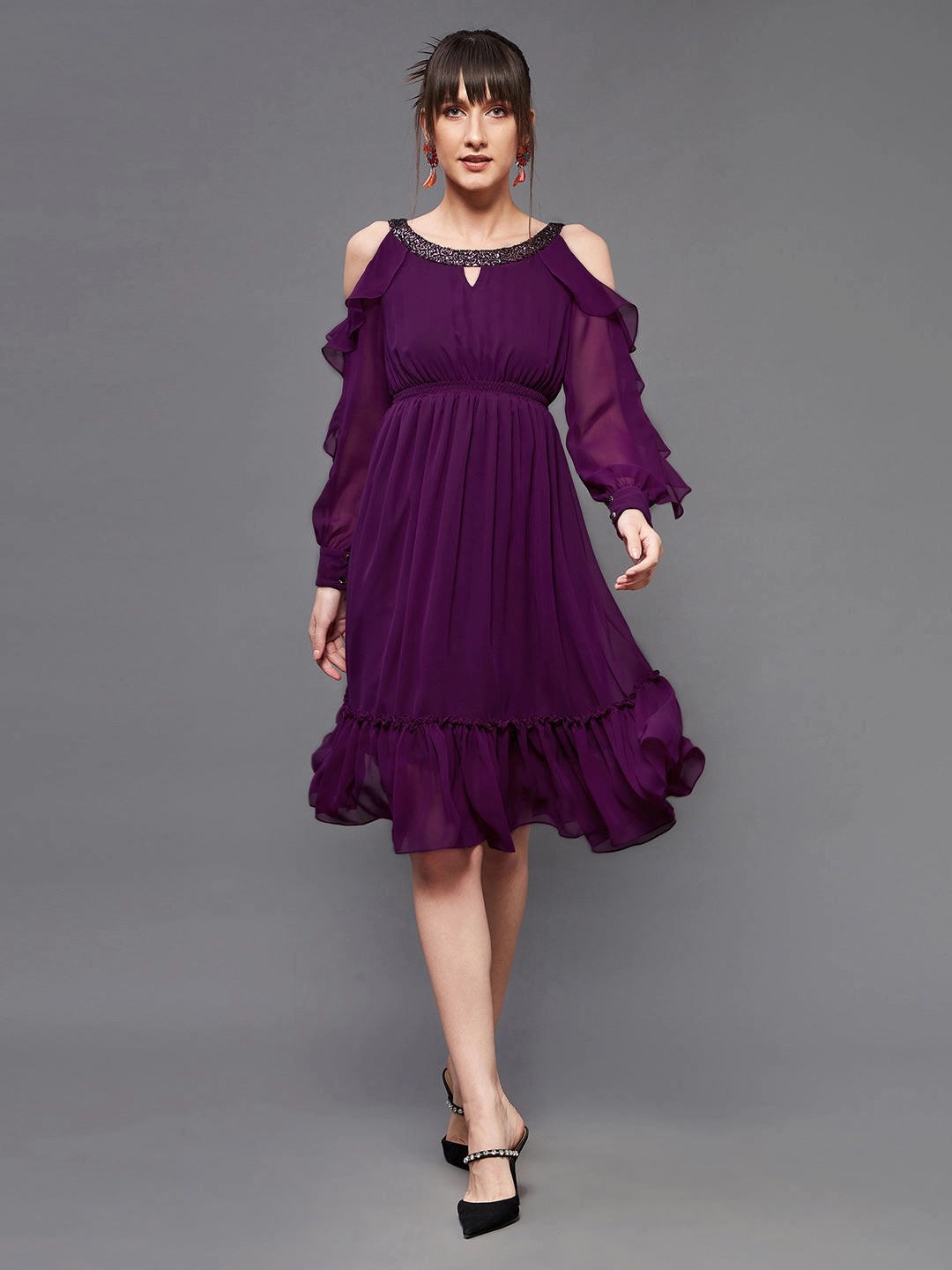 Women's Dark Purple Solid Round Neck Full Sleeves Polyester Ruffled Knee Length Dress Relax Feel Sheer Panel