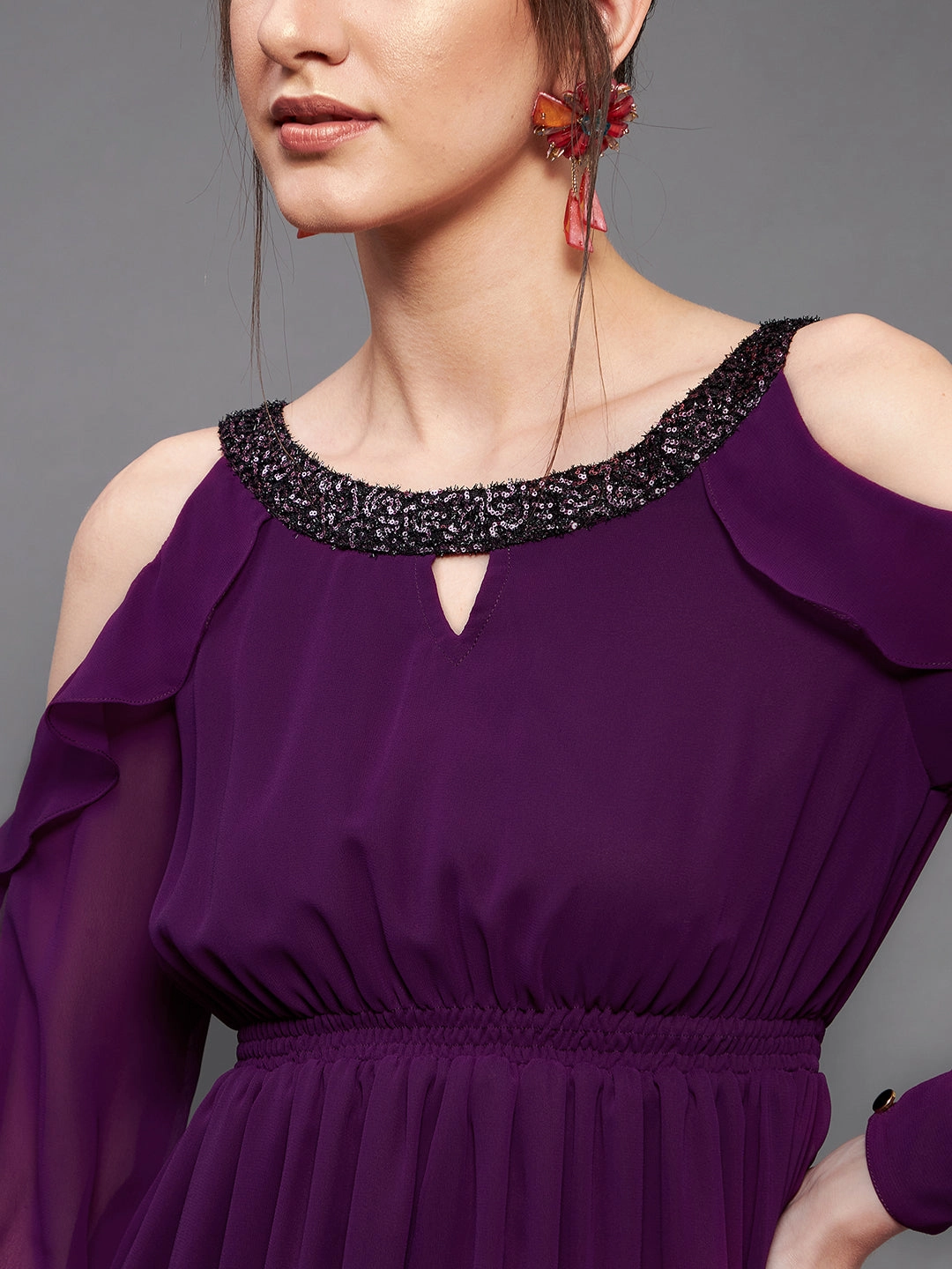 Women's Dark Purple Solid Round Neck Full Sleeves Polyester Ruffled Knee Length Dress Satin Soft