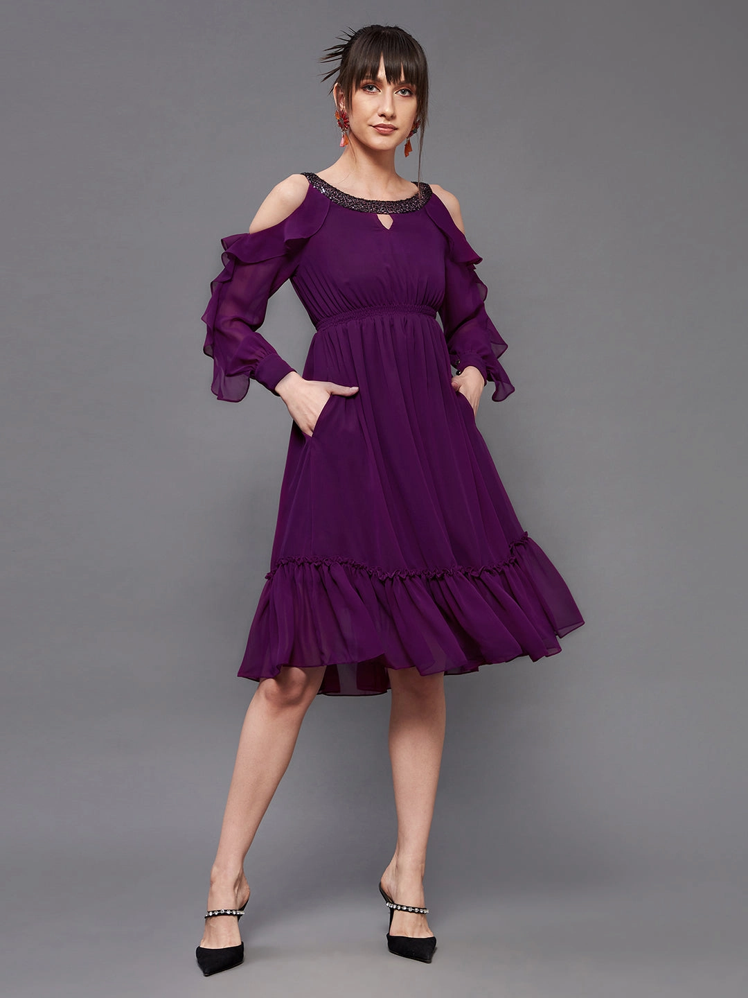 Women's Dark Purple Solid Round Neck Full Sleeves Polyester Ruffled Knee Length Dress Light Fabrication
