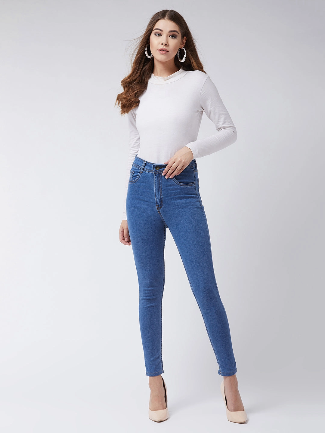 24/7 Comfort Blue Skinny High-Rise Cropped Denim Jeans Refined Detail Timeless Look