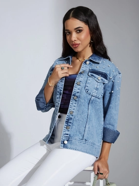 Premium Look Polished and Elegant Women's Light Blue Full Sleeve Solid Embellished Pearl Denim Jacket
