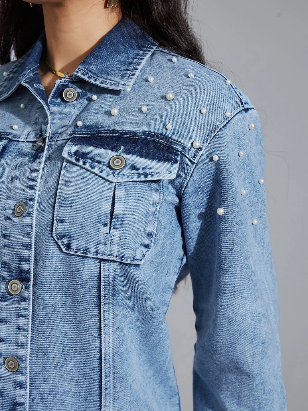 Women's Light Blue Full Sleeve Solid Embellished Pearl Denim Jacket Comfortable Design Wear