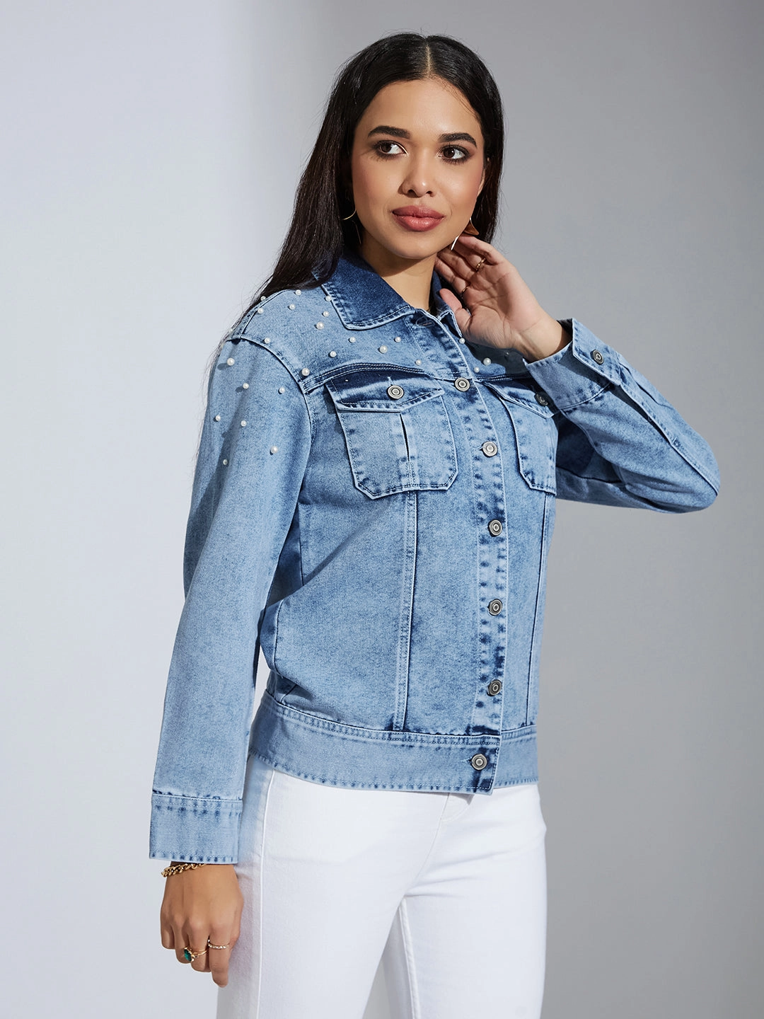 Classy Look Women's Light Blue Full Sleeve Solid Embellished Pearl Denim Jacket