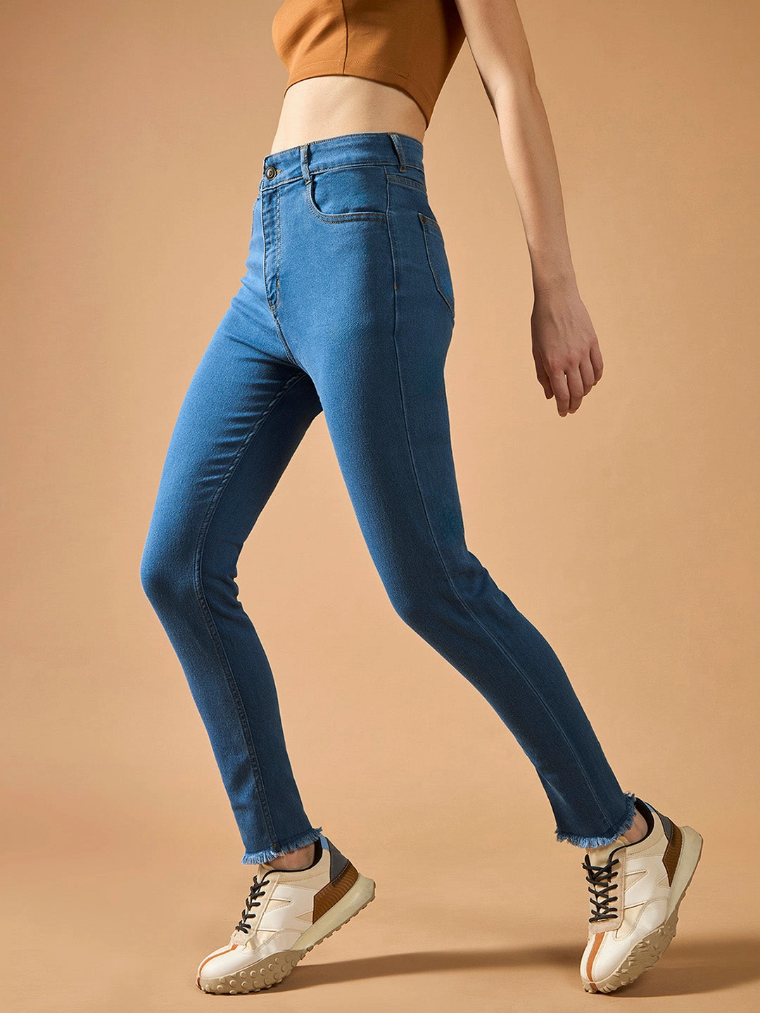 Women's Blue Skinny High-Rise Cropped-Length Fringe Detailing Stretchable Denim Jeans Outdoor Enthusiast Sunny Vibes Teen Outfit Travel Light