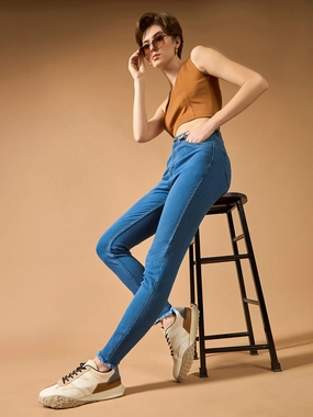 Women's Blue Skinny High-Rise Cropped-Length Fringe Detailing Stretchable Denim Jeans Smooth Style Low Profile Zipper