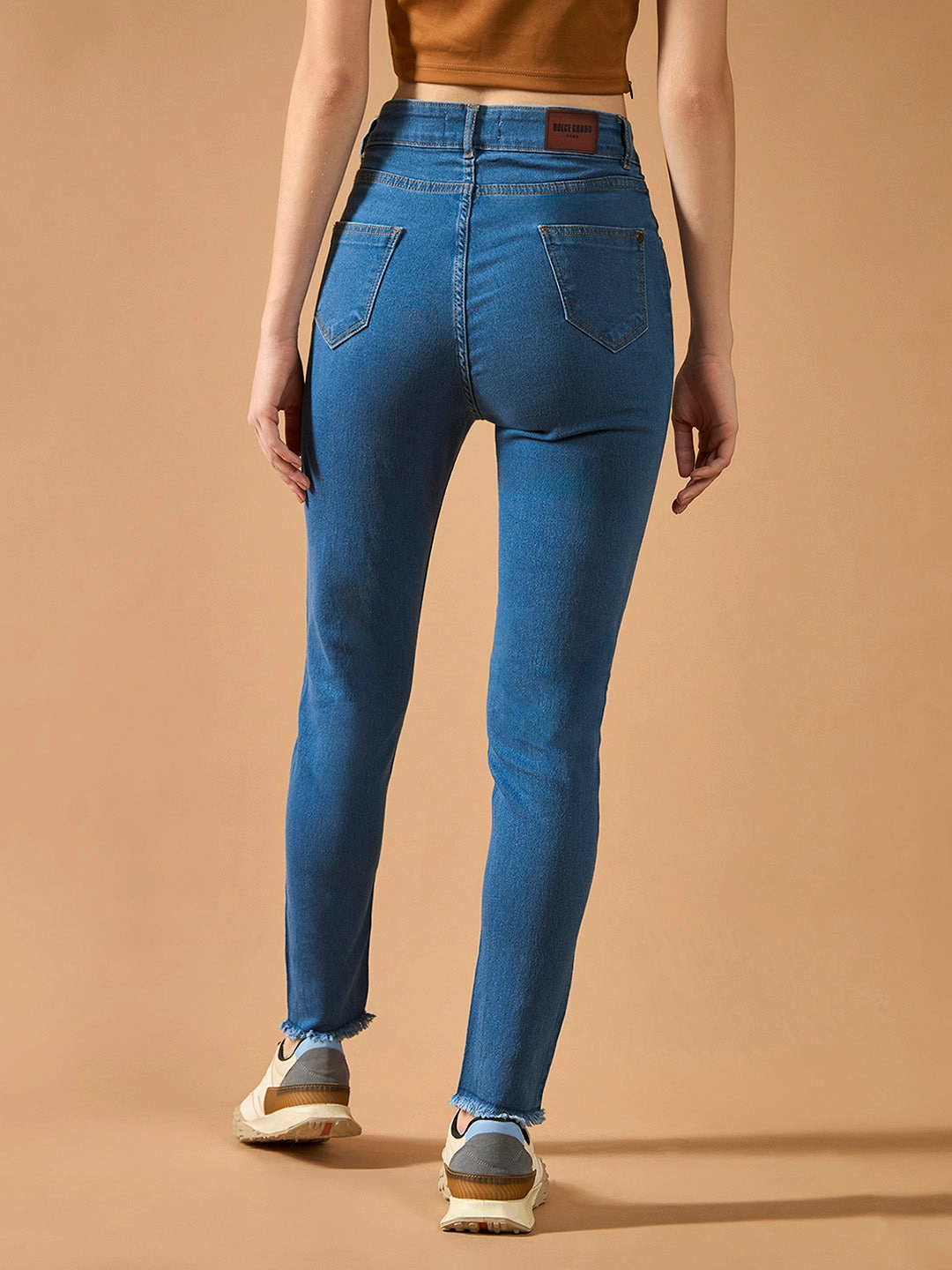 Fall Outfit Women's Blue Skinny High-Rise Cropped-Length Fringe Detailing Stretchable Denim Jeans