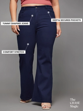 CHASEshape? Navy-Blue Bootcut High-Rise Stretchable Denim Jeans Low Maintenance High Rise