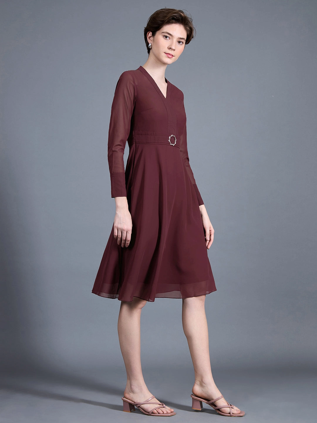Smart Look Women's Wine Red V-Neck Full Sleeve Solid Fit & Flare Midi Dress