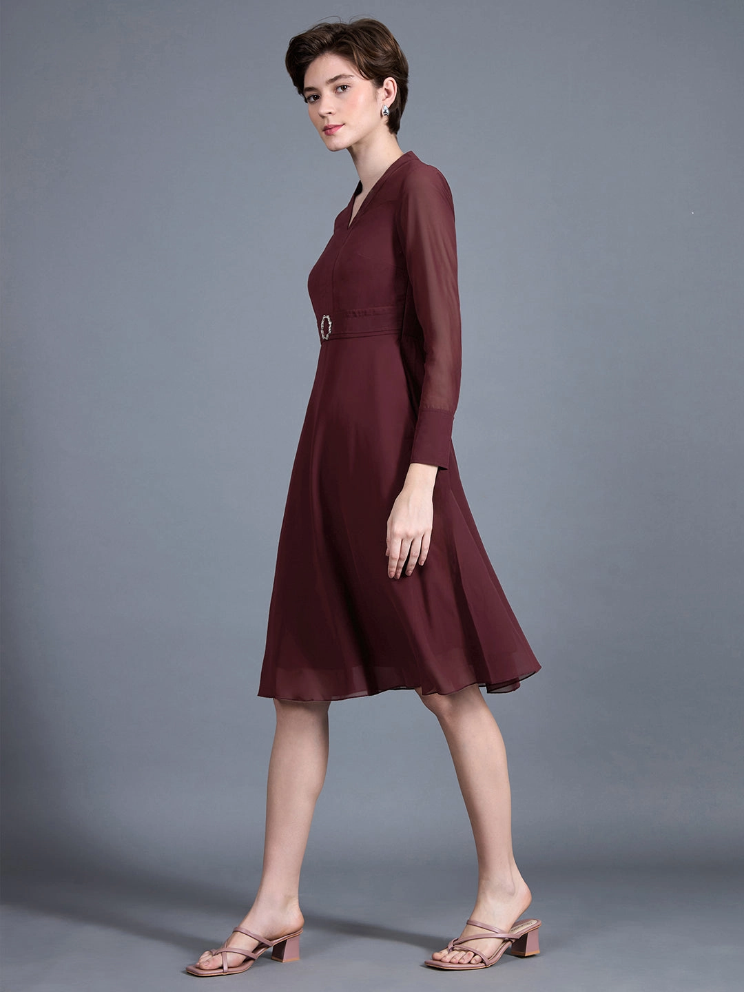 Classic Layer Women's Wine Red V-Neck Full Sleeve Solid Fit & Flare Midi Dress