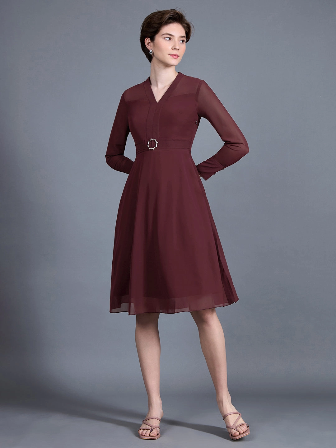 Women's Wine Red V-Neck Full Sleeve Solid Fit & Flare Midi Dress Subtle Finish Comfy and Elegant