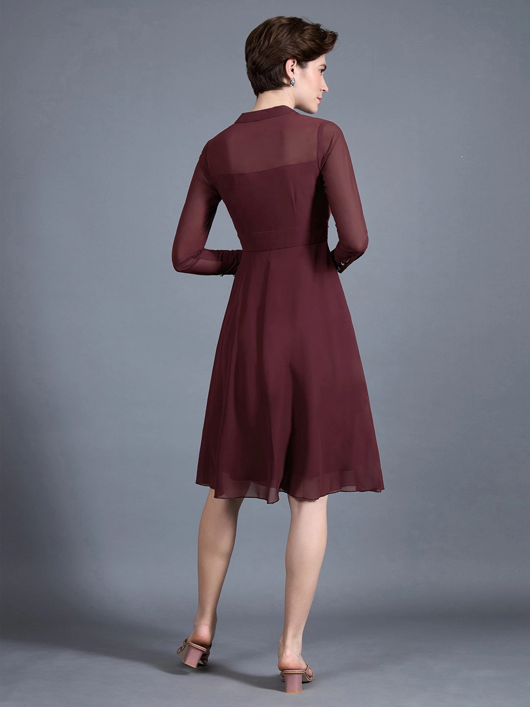 Women's Wine Red V-Neck Full Sleeve Solid Fit & Flare Midi Dress Flowing Design Dark Tones