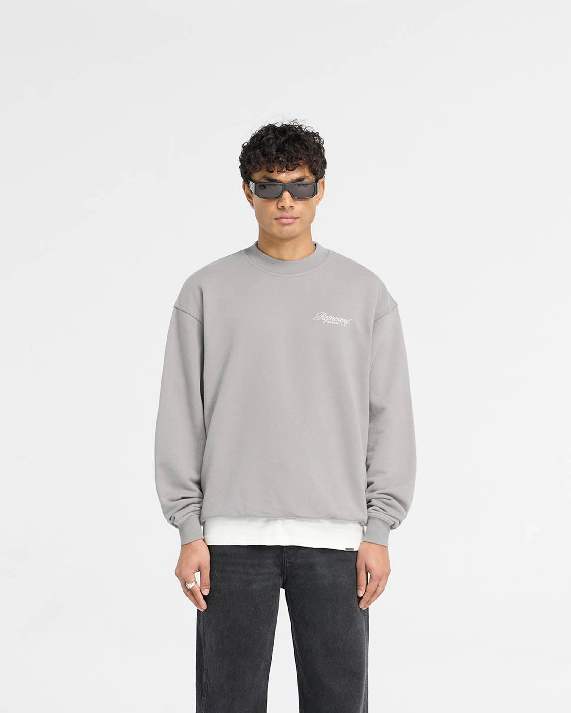 Jacquard Weave Textured Weave Design Represent Owners Club Script Sweater - Slate