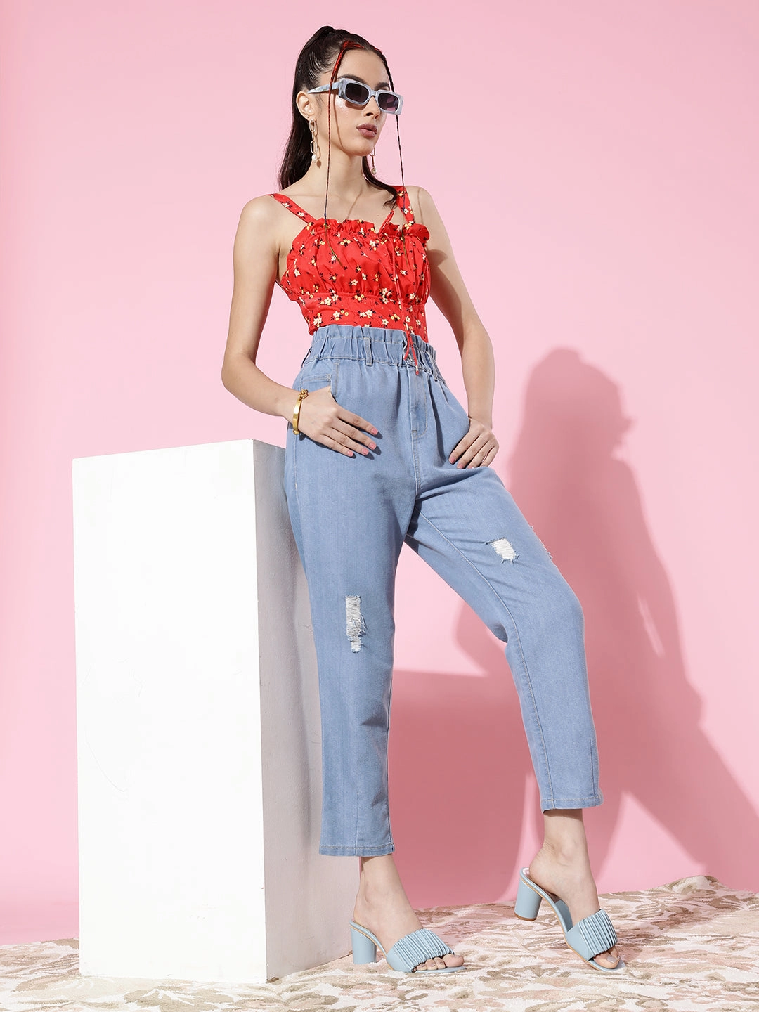 Women's Light Blue Mom's Jean High-Rise Mild Distress Stretchable Denim Jeans Cool Outfitters