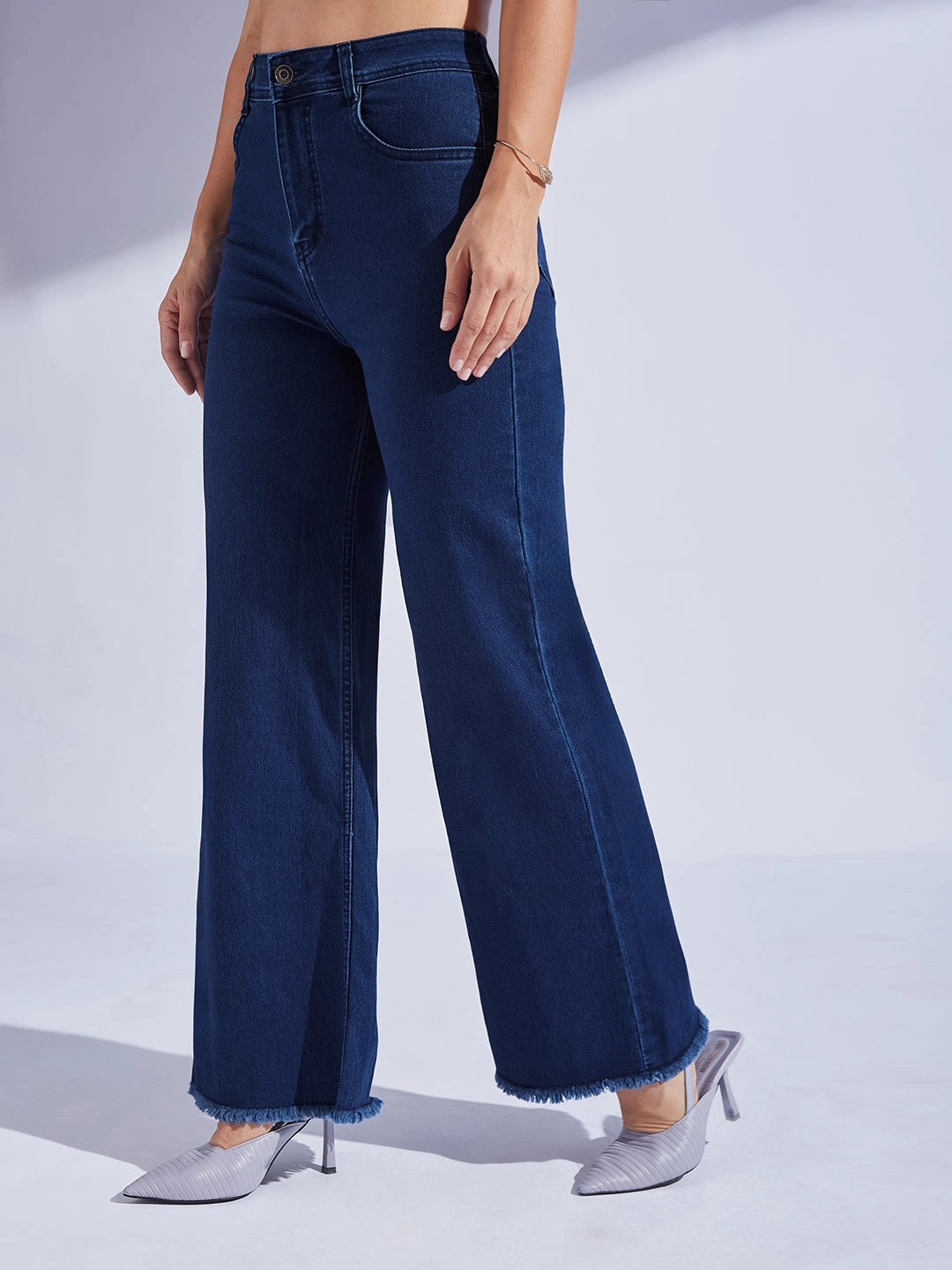 24/7 Comfort Navy Blue Wide-Leg High-Rise Stretchable Denim Jeans Plain style