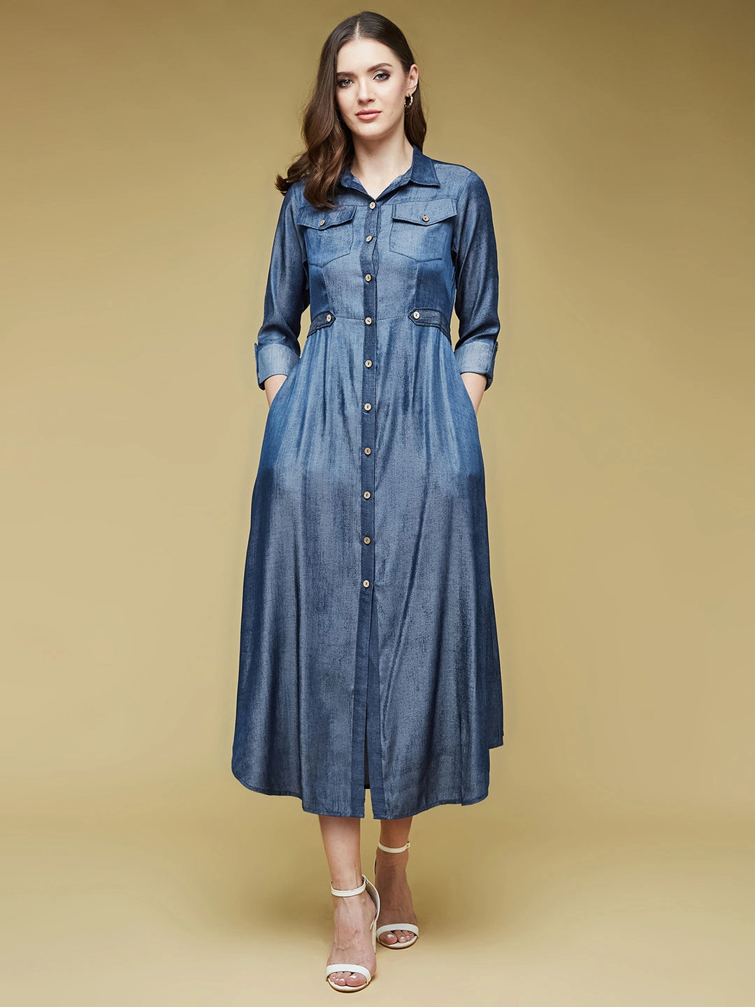 Cozy Tones Women's Blue Shirt Collar 3/4 Sleeve Solid Midi Polyester Shirt Dress