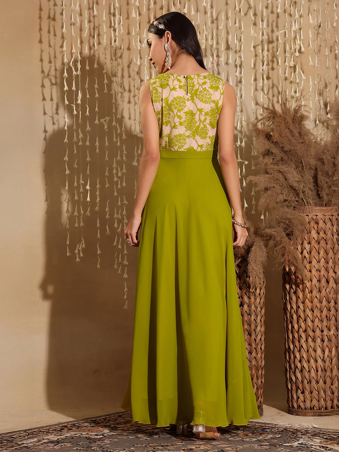 Women's Lemon Green Round Neck Sleeveless Georgette Floral Lace Fit & Flare Maxi Dress Petite friendly