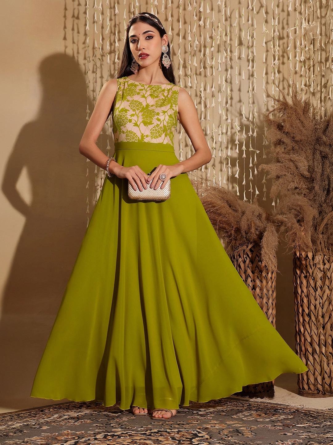 Relax Style Women's Lemon Green Round Neck Sleeveless Georgette Floral Lace Fit & Flare Maxi Dress