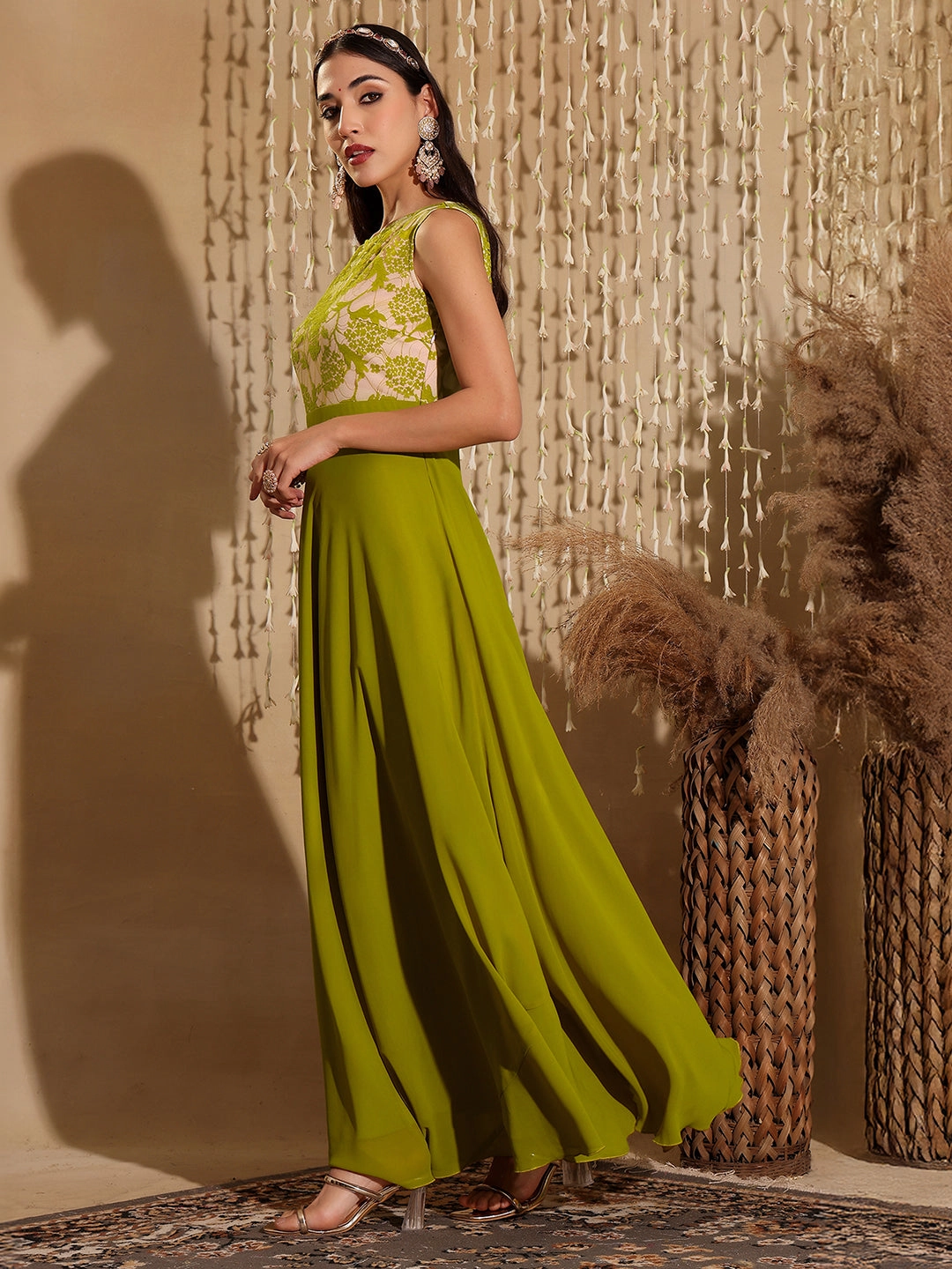 Women's Lemon Green Round Neck Sleeveless Georgette Floral Lace Fit & Flare Maxi Dress Sleek Form Smart Fashion