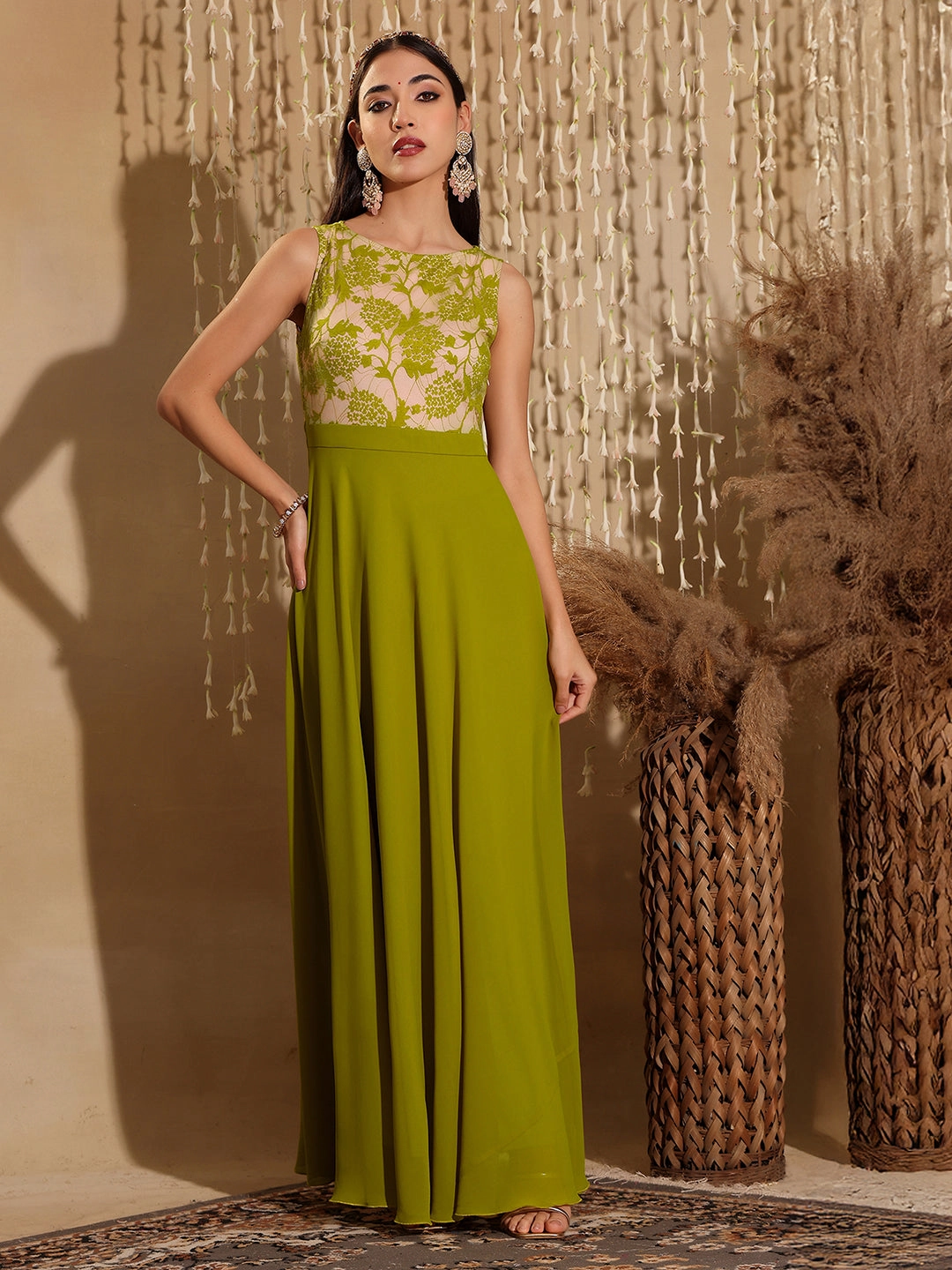 Travel Friendly Women's Lemon Green Round Neck Sleeveless Georgette Floral Lace Fit & Flare Maxi Dress