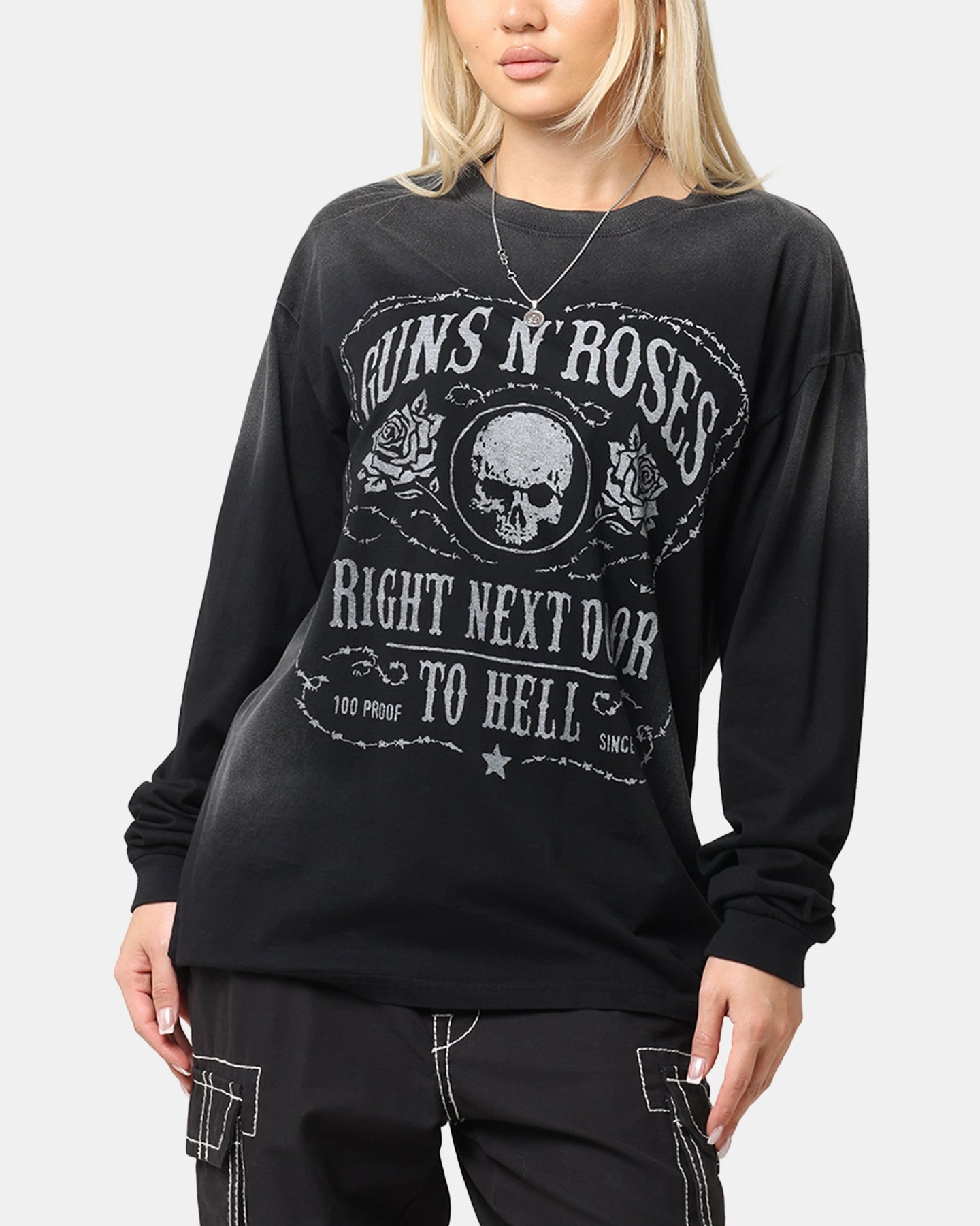 Guns N Roses Next Door To Hell Long Sleeve T-Shirt Washed Black Hidden Pocket Design