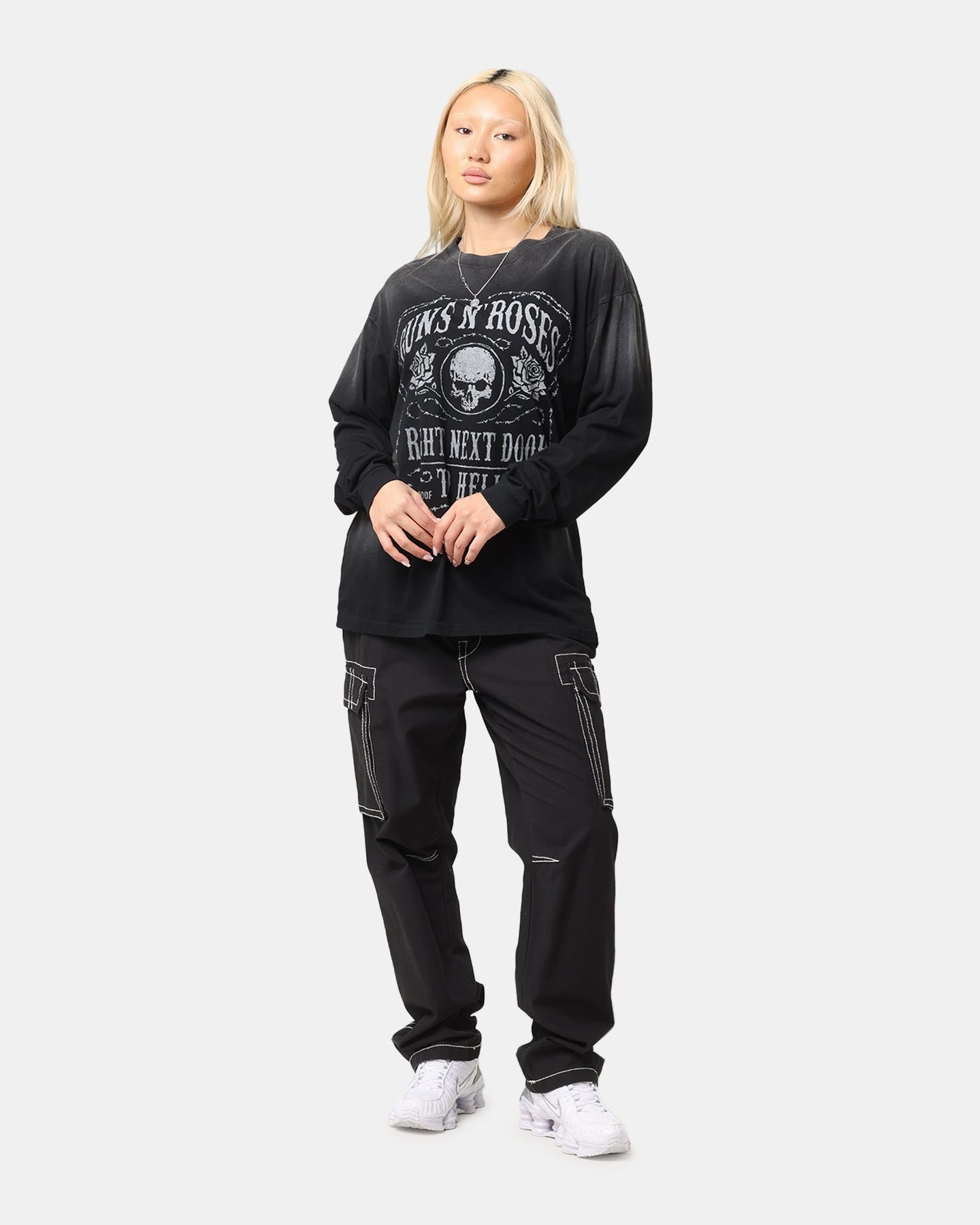 Guns N Roses Next Door To Hell Long Sleeve T-Shirt Washed Black Layered Hem Reinforcement Double Layered Hem