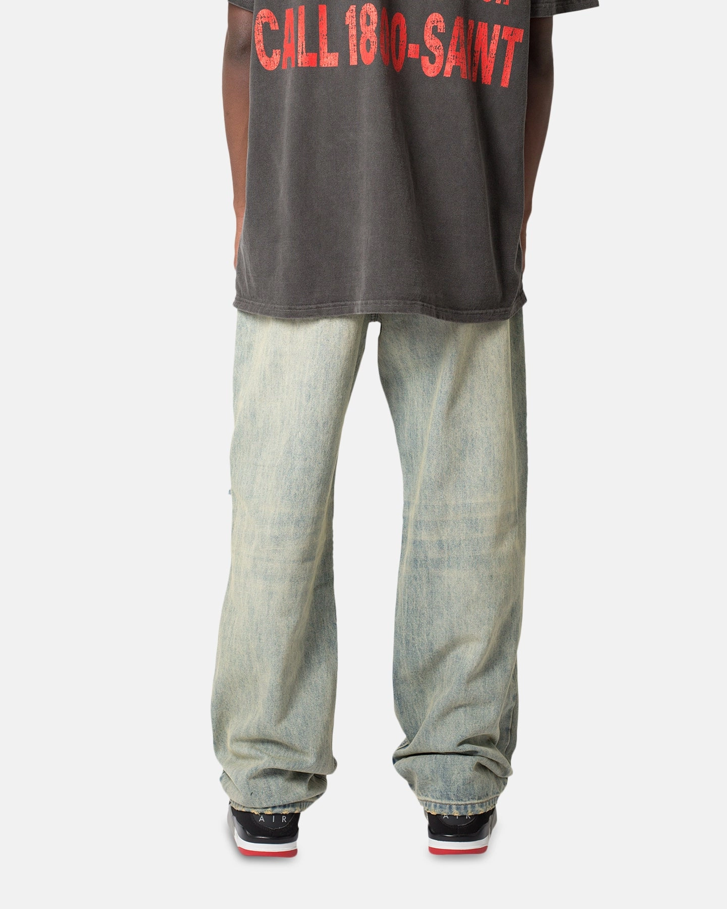 Relaxed Waist AbrasionResistant MNML Knee Distressed Ultra Baggy Denim Jeans Vintage Blue