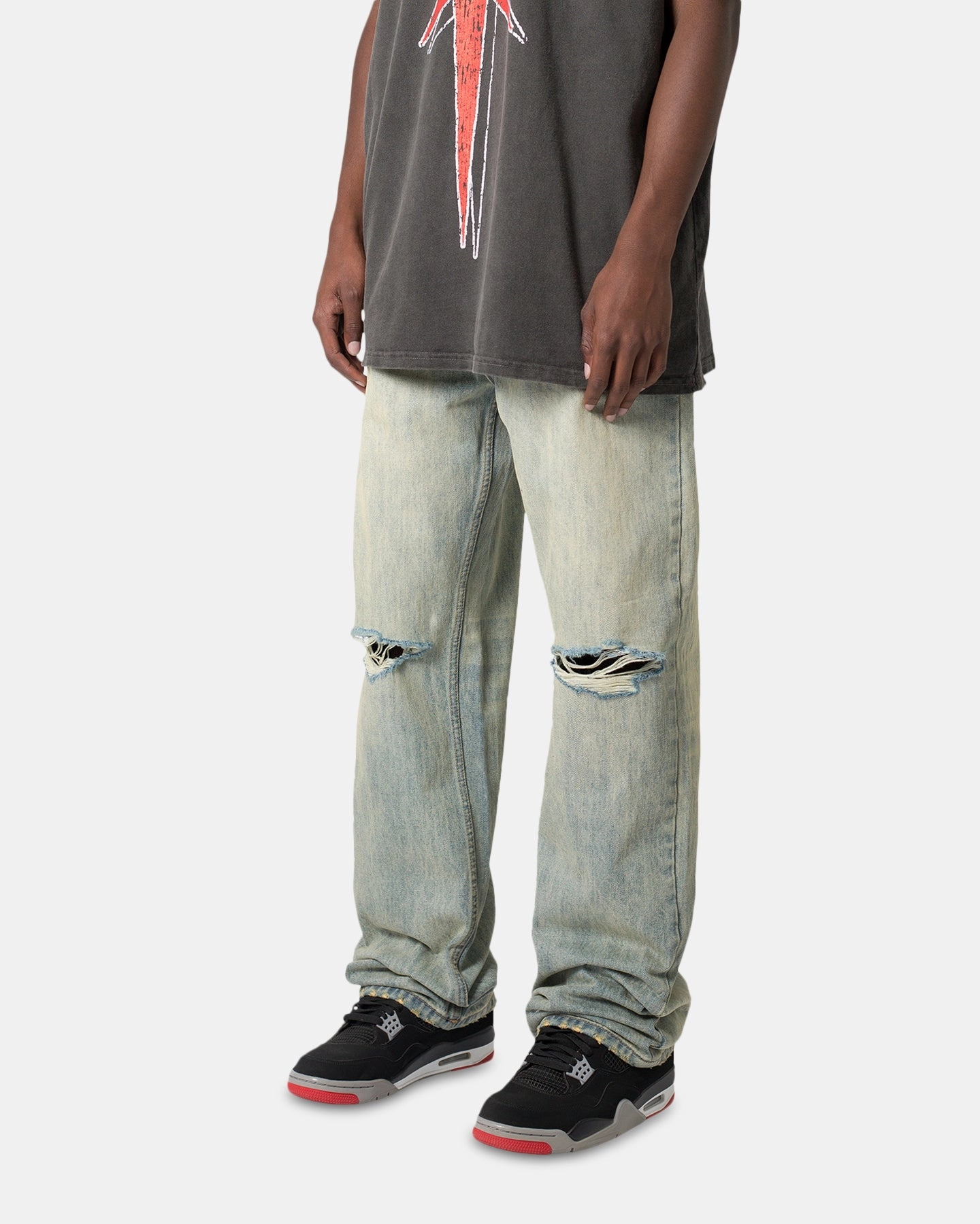 MNML Knee Distressed Ultra Baggy Denim Jeans Vintage Blue Recyclable Fabric Blend