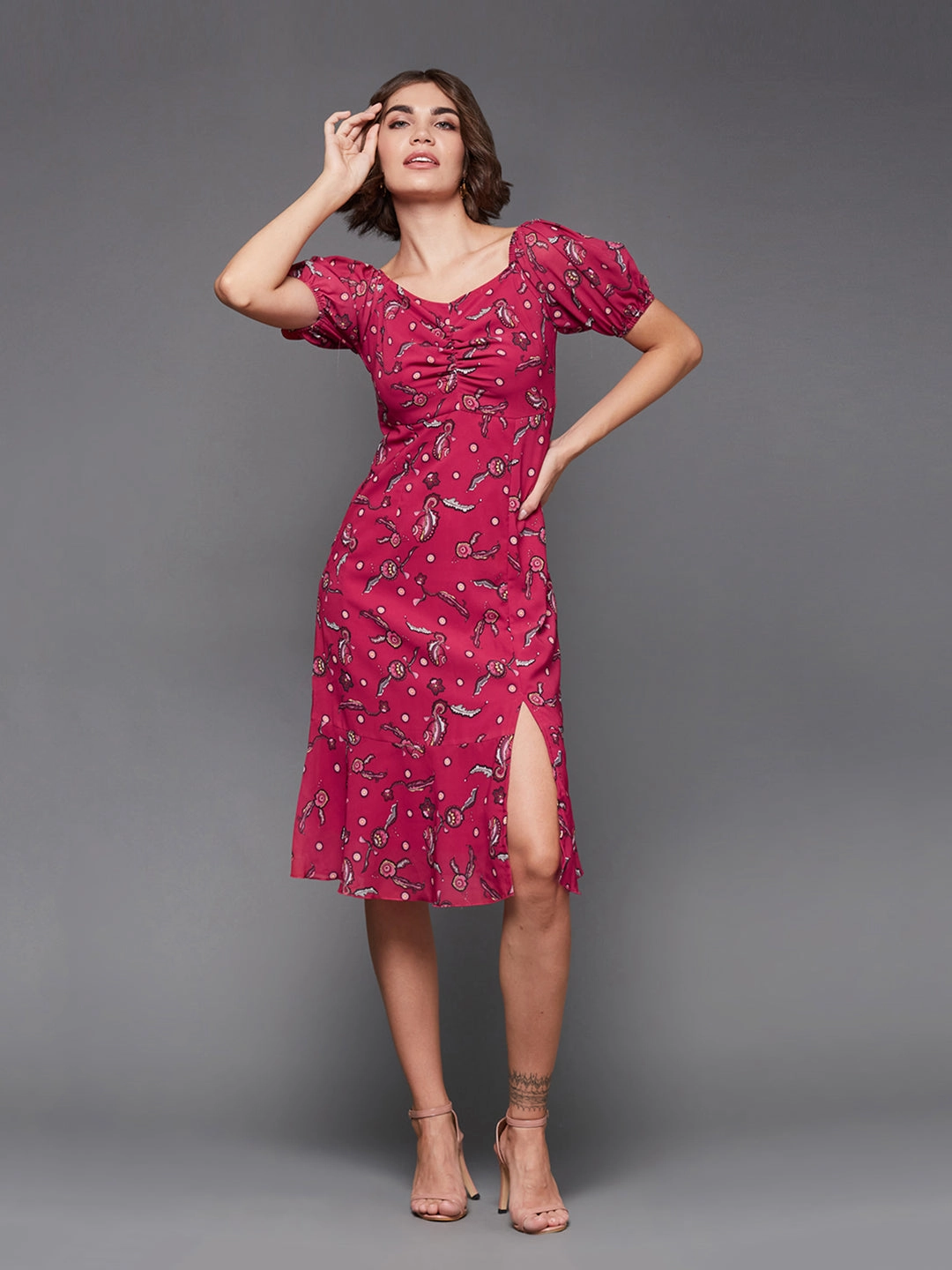 Timeless Soft Calm Tone Women's Multicolored-Base-Dark Pink Sweetheart Half Sleeve Floral Fit & Flare Midi Dress
