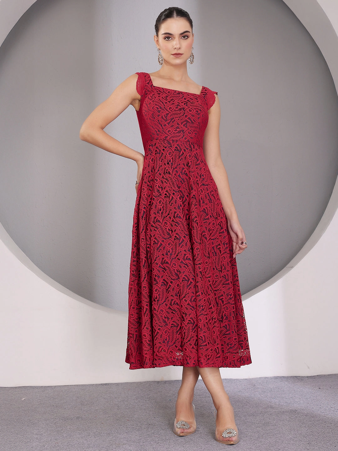 Women's Maroon Square Neck Sleeveless Self-Designed Ruffled Midi Lace Dress Airy Fit