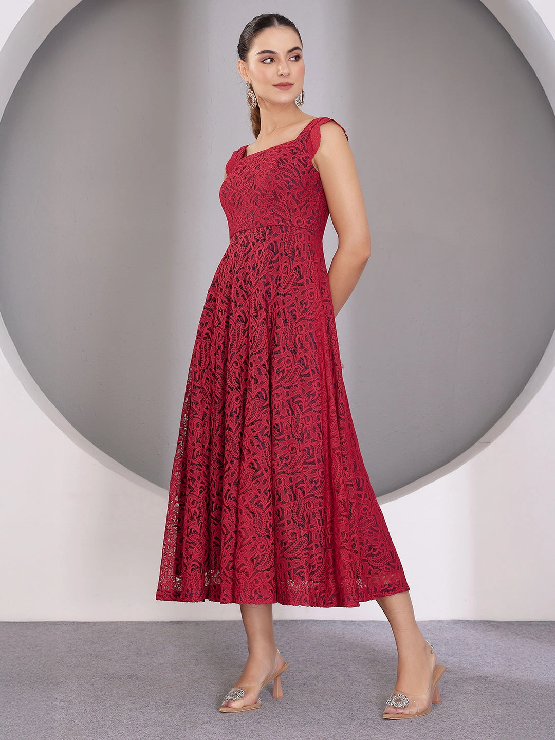 Natural Feel Women's Maroon Square Neck Sleeveless Self-Designed Ruffled Midi Lace Dress