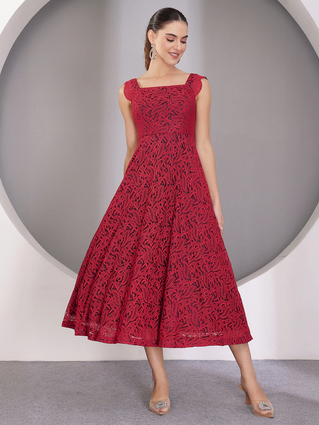 Women's Maroon Square Neck Sleeveless Self-Designed Ruffled Midi Lace Dress Formal Outfit LightweightMaterial