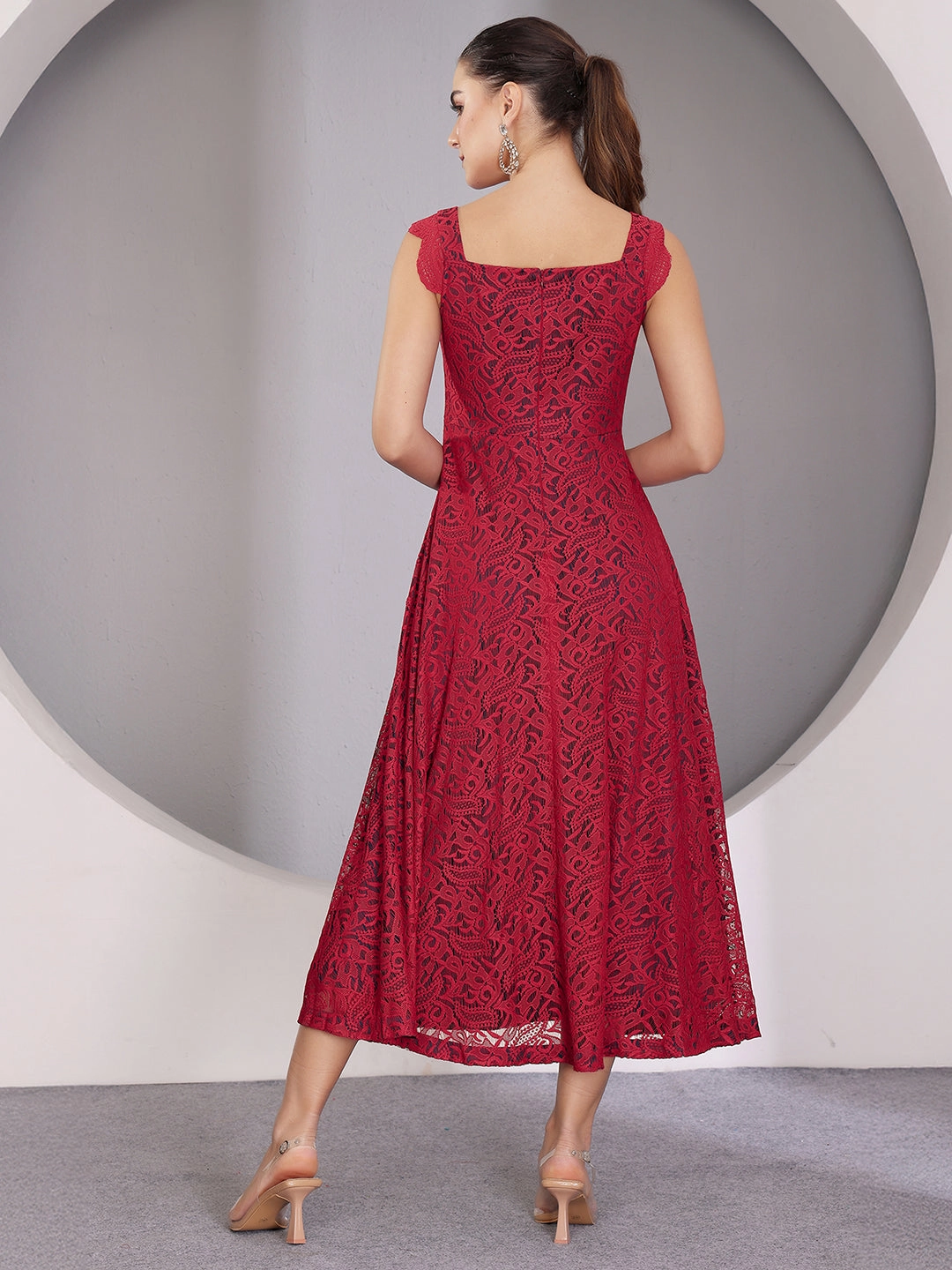 Women's Maroon Square Neck Sleeveless Self-Designed Ruffled Midi Lace Dress Semi Casual Autumn Ready