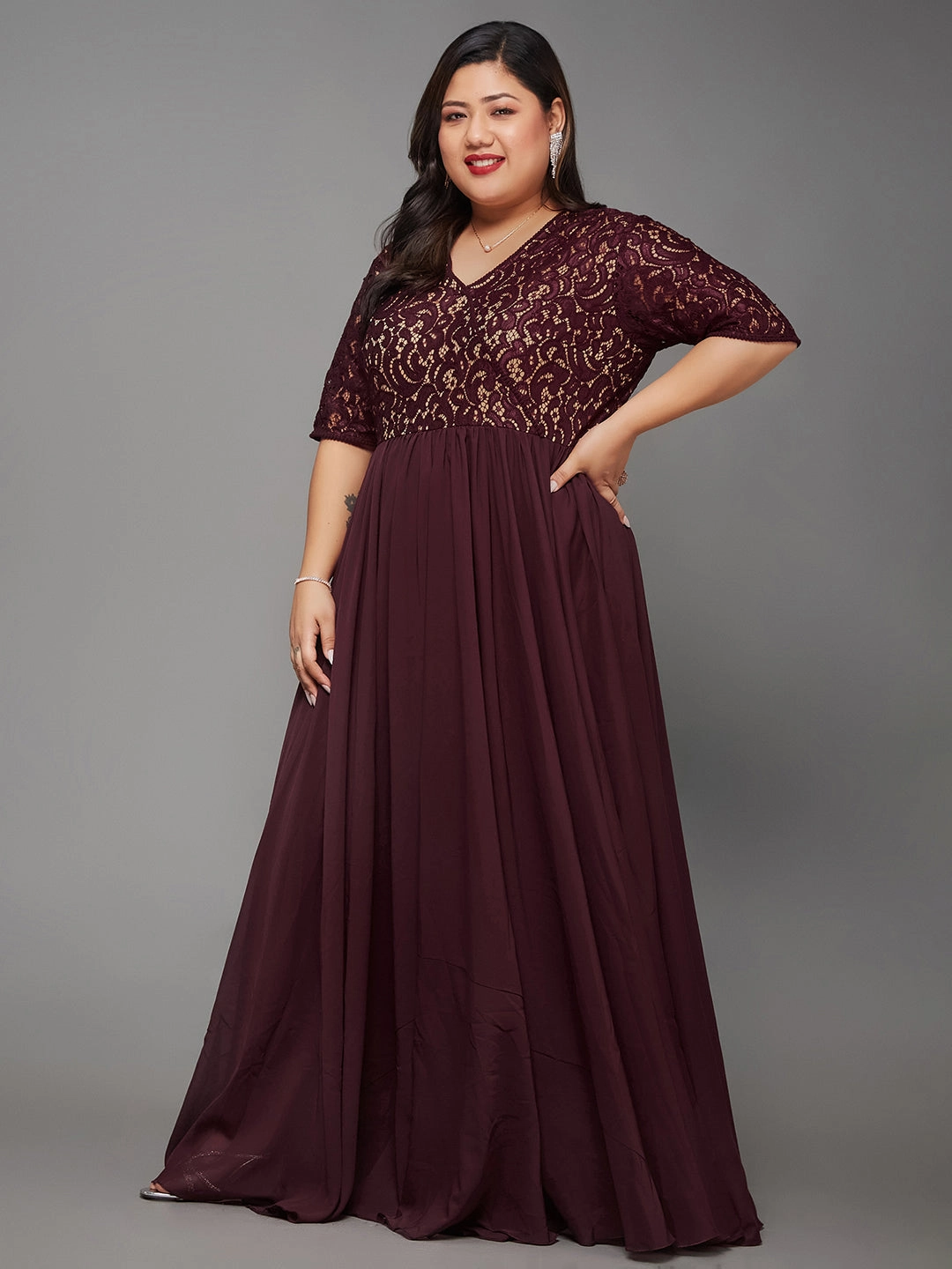 Versatile party outfit Body Bliss Wine Half Sleeve Self Designed Wrap Georgette Maxi Dress