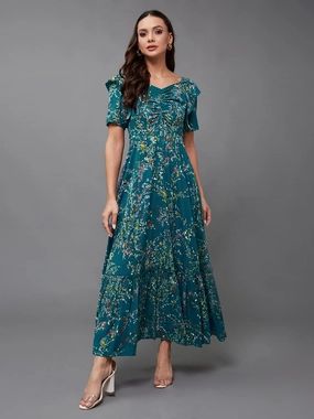 Women's Multicolored-Base-Turquoise Sweet-Heart Neck Half Sleeve Floral Ruching Crepe Midi Dress Chic Design Smart Casual
