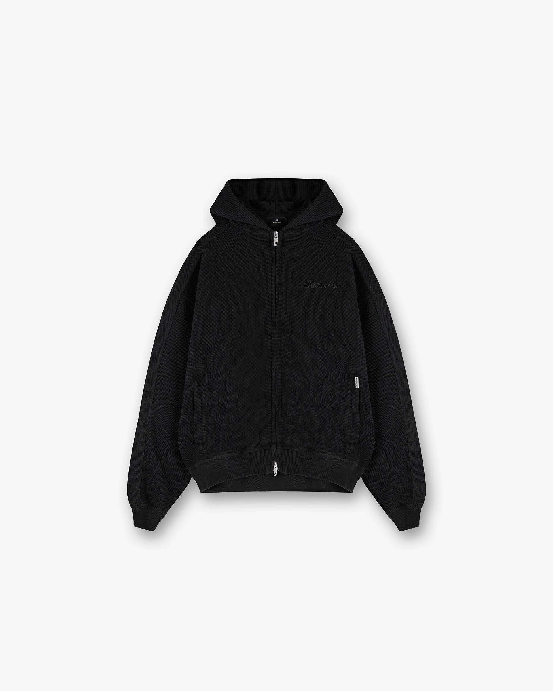Waffle Zip Through Hoodie - Jet Black Low Carbon Soft Material