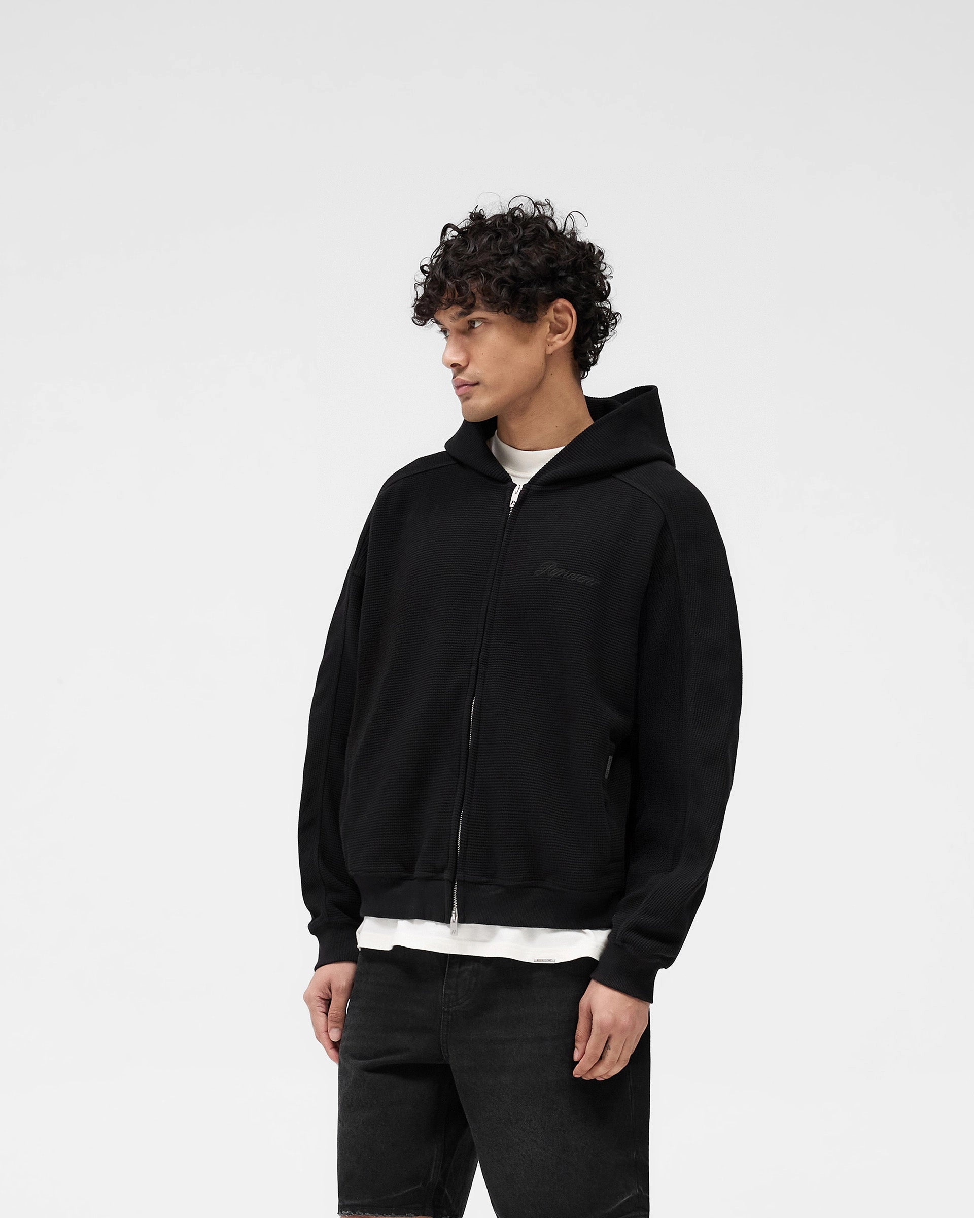 Waffle Zip Through Hoodie - Jet Black Black bear like All Season Wear