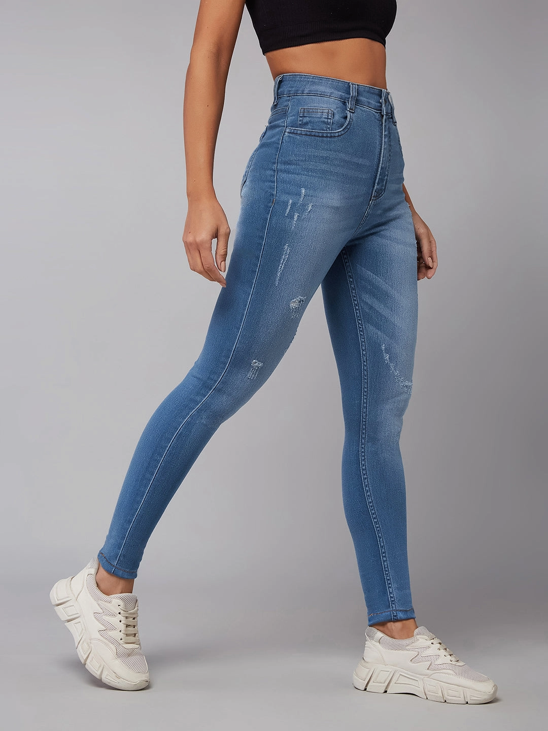 CHASEstretch? Women's Blue Skinny High-Rise Mild Distress Stretchable Denim Jeans Flawless Design Relaxed Style City Walk Trend Setter