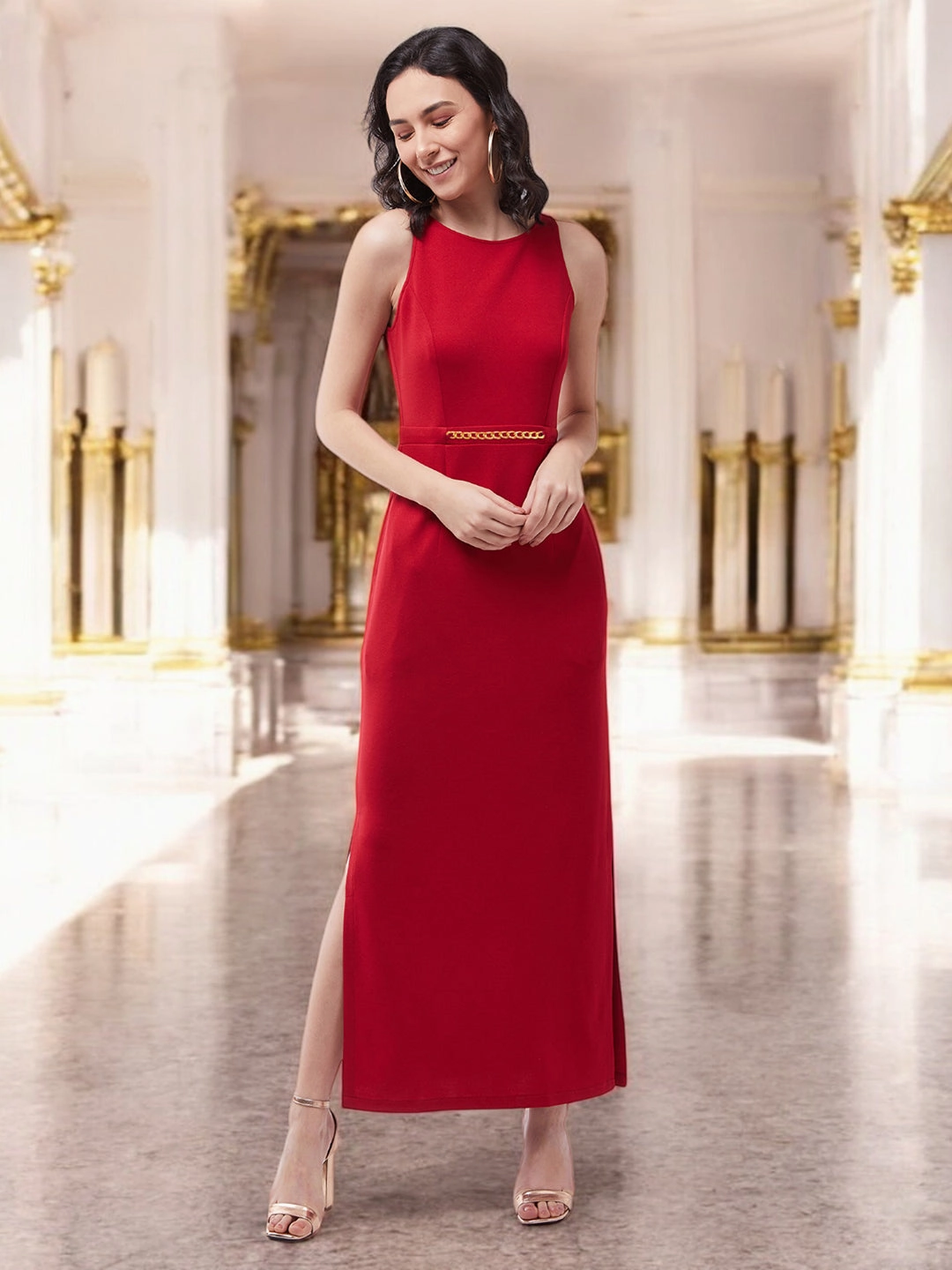 Pink Glow Free Step Crease Ease Cocktail Red Solid Slim Fit Round Neck Sleeveless Maxi Dress