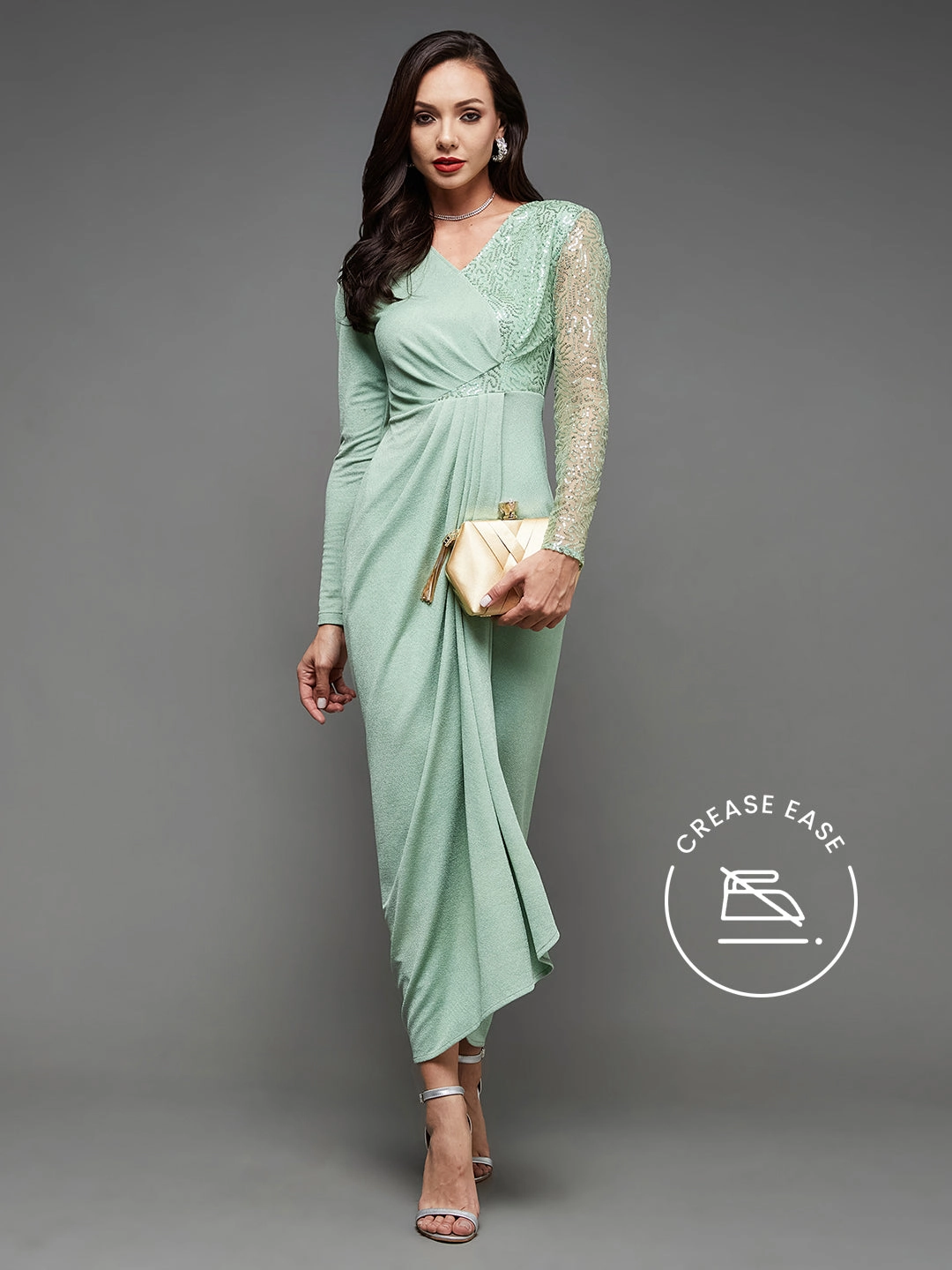 Lounge Comfort Crease Ease Cocktail Women's Mint Embellished V-Neck Full Sleeve Pleated Slim Fit Maxi Dress