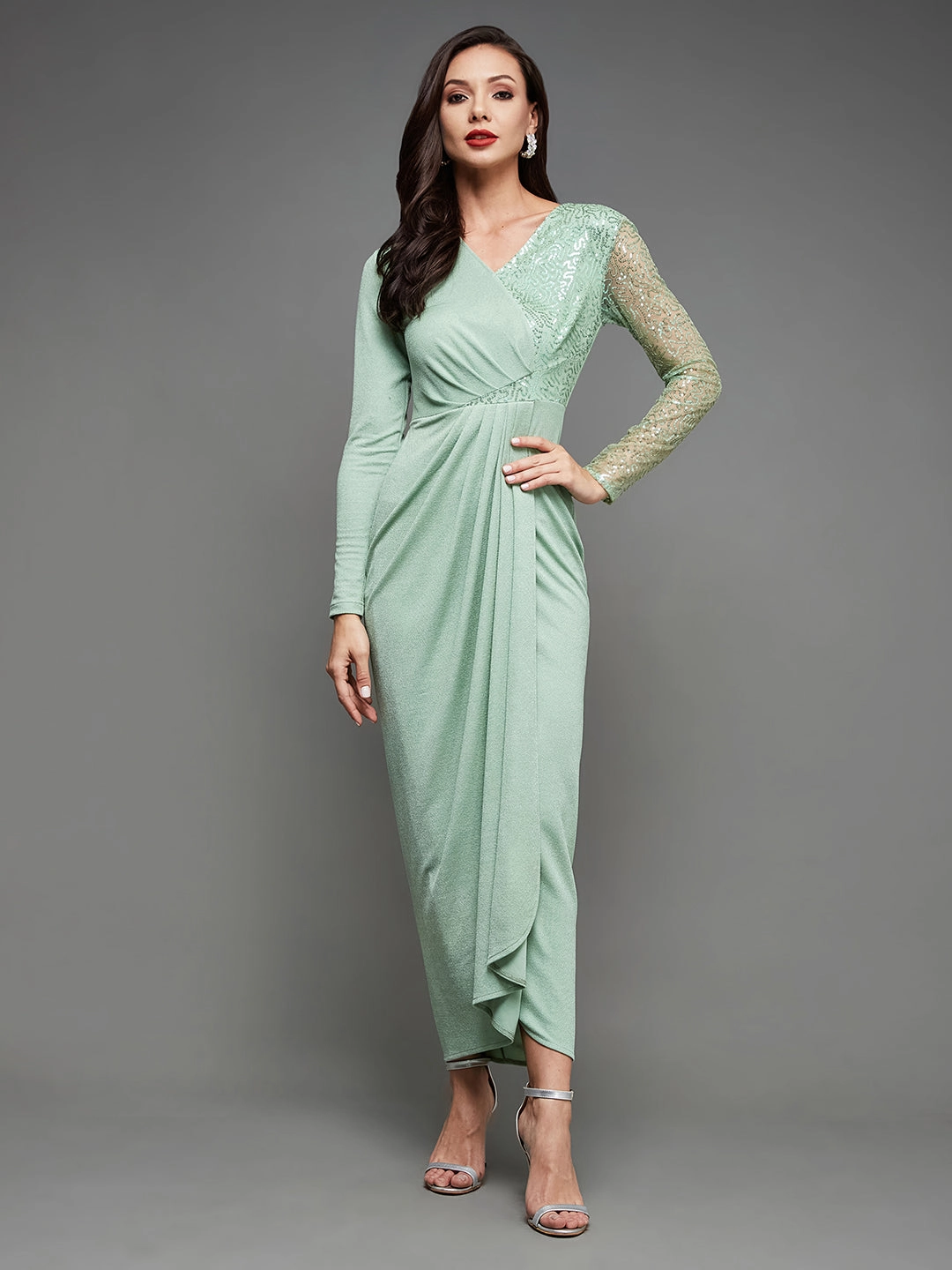 Flexible Comfort Crease Ease Cocktail Women's Mint Embellished V-Neck Full Sleeve Pleated Slim Fit Maxi Dress