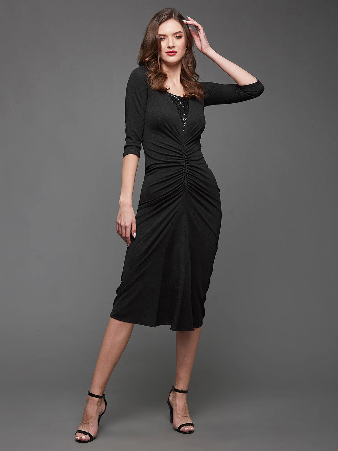 Crease Ease Women's Black Sequined Party Sheath Midi Dress Breathable Style