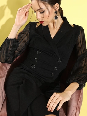 Love Blend Crease Ease Women's Black Shawl Collar Bishop Sleeves Solid Double Breasted Knee Length Dress